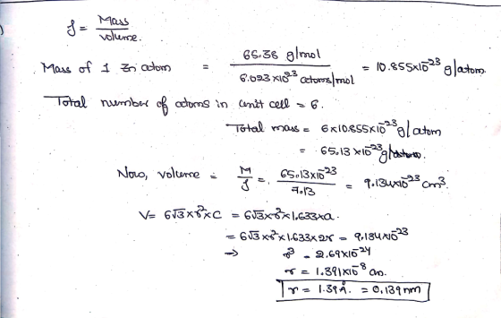 volleme. 65.38 gloro Mais of i Foceton 6.623 X1023 Cetorosimil , 10.85541723 glatons. Total number of atoms in anit cell = 6.