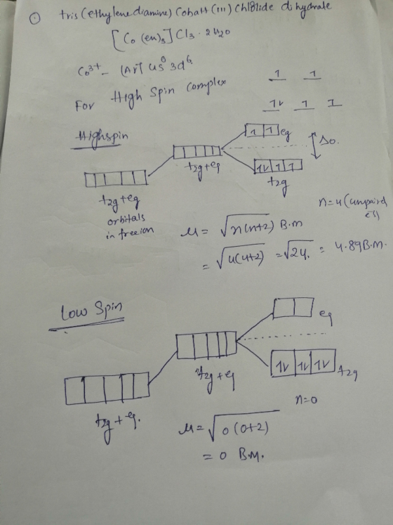 tris (ethy leue diamin) Cobatt (m) ChBlide dihydrale Co (en)JCla 20 Ct(AT u 3d 1 1 For 1 V 1 L ighspin neu(unpird orbitals NA