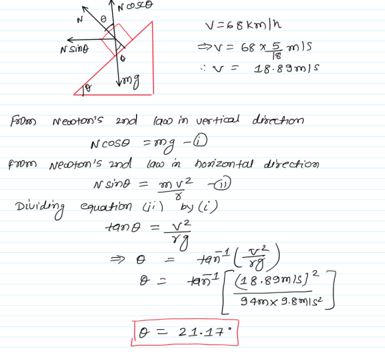 Incosco N sino v=68kmin >>V= 68 x 5 m)s vs 18.89mis 18 To vong From Neotons and law in vertical direction Ncoso amg - 0 from