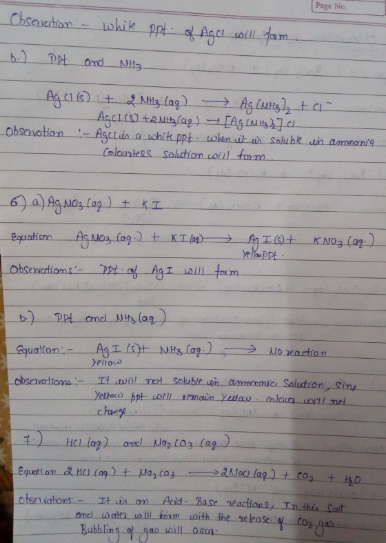 Page No. Observention - white ppt of Agcl will fom e 6. Ppt and NH Ag Cl (s) + 2NH₂ (aq) Ag (NH3), tai AgCl(s) tQ NH3(aq) + [