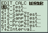 EDIT_CALC TESTS 5:2-SamPZIest.. 4:2-SampTTest. 5:1-ProPZIest.... 6:2=Prop Test. 71ŽInterval...