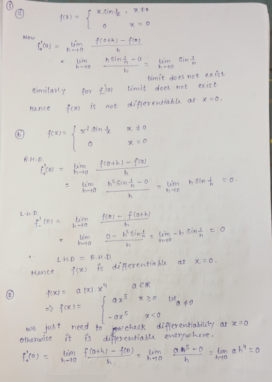 @ f(x) = $ x sint. ** ox=0 Now fo) - sim froth) – from te los haso him n nsinh- O lim sint h-10 hyo similarly rence fee for t