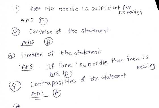 - O - ® Hen No needle is sufficient for - nosewing Ans Converse of the statement Ans ® inverse of the statement sewing Ans )
