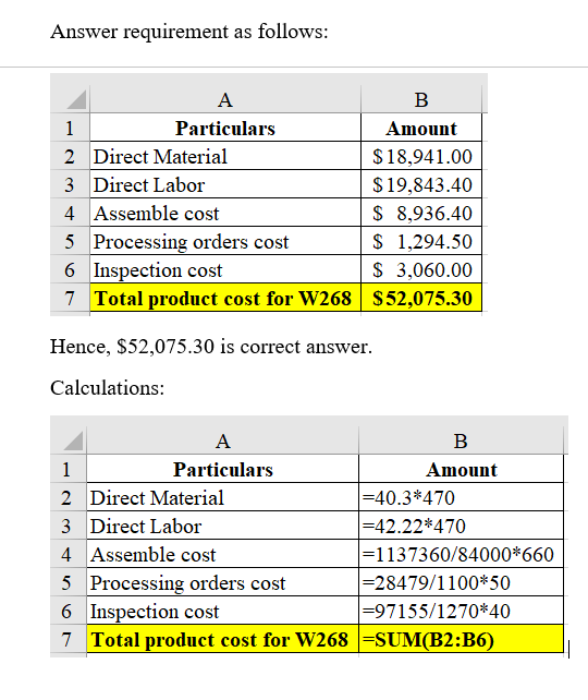 Answer requirement as follows: A B 1 Particulars Amount 2 Direct Material $ 18,941.00 3 Direct Labor $19,843.40 4 Assemble co