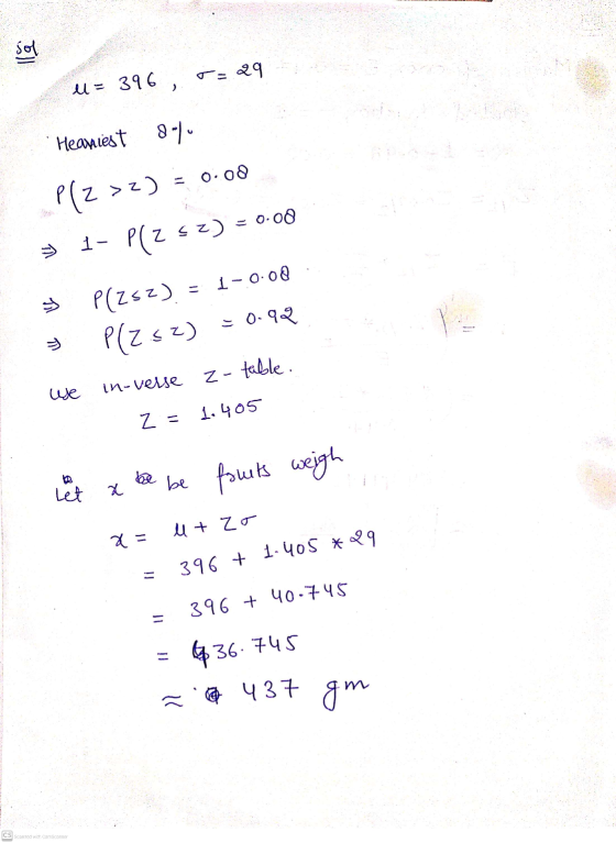 sol ell = 396; 5:29 Heaviest 8-10 => P(Z >2) 0:00 1- P(Z sz) = 0.00 P(Zsz) 1-0.00 P(Z < 2) = 0.92 we in-verse z- table. 1.405