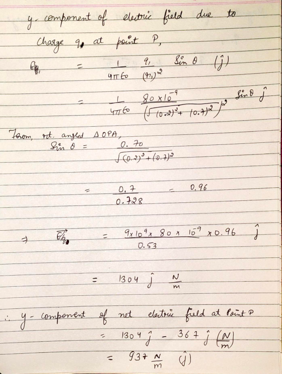 to 9. y component of electric field due Charge ao at point P, folha Sin o (9) 41T to (1) 80x109 sind (1002) + 10.772 / From,