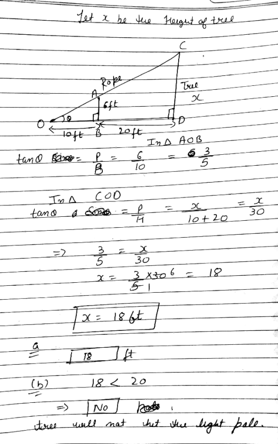 Tet x be the Height of tree Tree OL soft if 2 tand same = L = Ina AOB 3 5 IN A tano a COD Sina = e = = 1 lot20 3 X306 si => 3