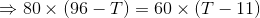 \Rightarrow 80 \times (96-T) = 60 \times (T-11)