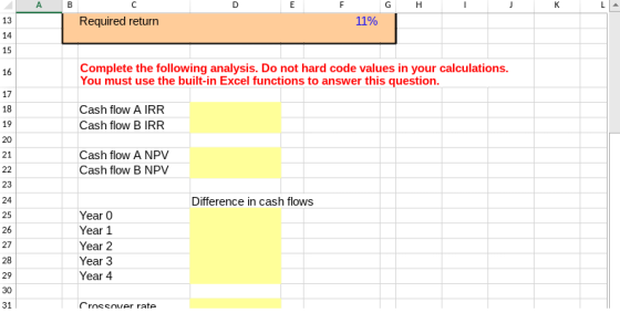F G H Required return 11% Complete the following analysis. Do not hard code values in your calculations. You must use the bui
