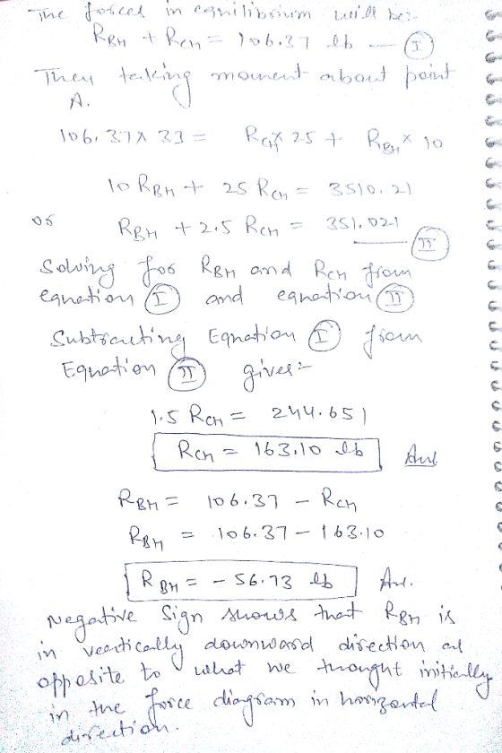 The forces in conilibrium will be ... Ron & Ron = 106.37 lb . 6) Then taking moment about point 106,374 33 = Rox 25+ Roux 10