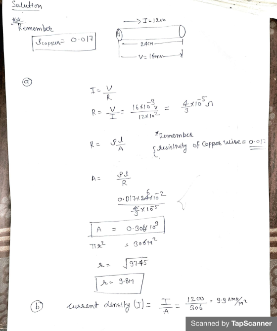 Salution » I-1200 Remember Scopper 0 0.017 24CM Va 16mv. (2) In R -3 16410 v 4x10n R-V v I 12x102 Remember R= pl (lesistivity