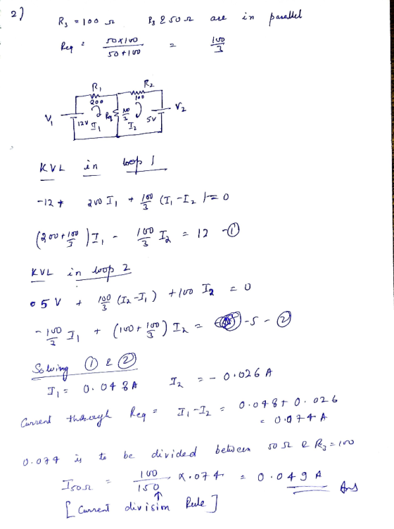1 R₂ = 100 r. Pg 25or are in parallel V d Ra & SV 12V 1 1 KvL in loop -12 + 200 I, + Lapu (I, -Iz |=0 (pou m eo ) I, - Lyon I