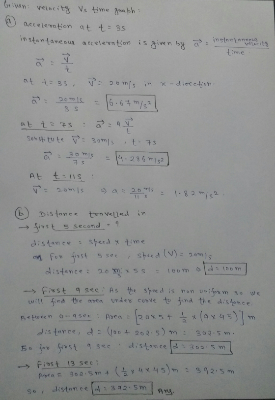 Gr ian: velocit Vs time aa h acceleration at t 3s instantaneoug acc e lens a tion is凸iven by, aう.instantarv elacity m e diaecton Ol At tus b) Dis tance travelled in →fast 5 second distance : 20 うに,。。m x5s : 100m, wilt fnd the area unde cusve to find the distan e e Piost 13 sec 25 m Soistanee 32 Sm