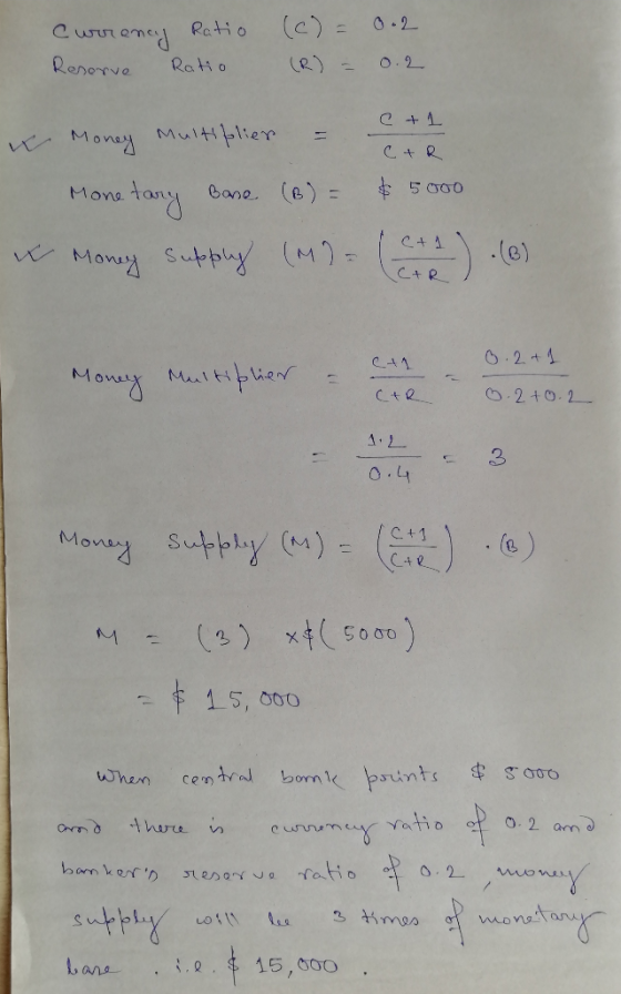 Currency Reserve Ratio Ratio (c) = (R) = 0.2 0.2 & Money Multiplier = C+1 CAR Monetary Base (B) = $ 5000 Money supply (M) = (