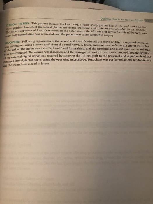 Qualifiers Used in the Nervous System 27 HISTORY This patient injured his foot using a razor-sharp garden hoe in his yard and