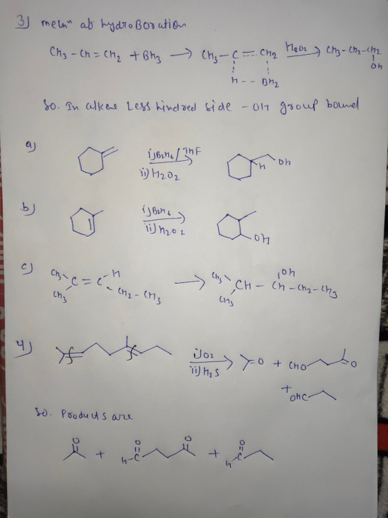 3 menu at hydro Boration CH3 - CH = CH₂ + BM3 - CH₂ - C = Cha Hoon) Chz - (2-112 Oh H-- BM2 So. In alkene Less hindred side -