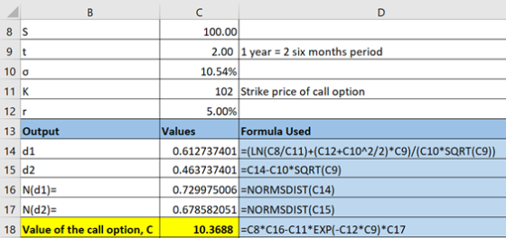 B C 8 S 100.00 2.00 1 year 2 six months period 10.54% 102 Strike price of call option 5.00% Formula Used 9 t 10 o 11 K 12 r V