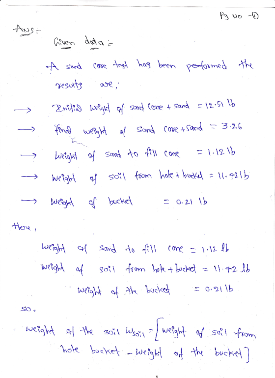 Pg No - ANS: Given datas A sand core tragt has been results are, performed the Initial weight of sand cone & sand = 12.51 lb