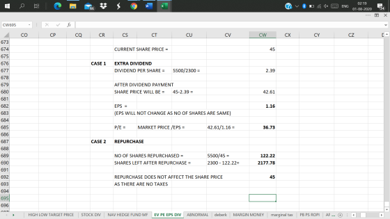 C w ENG 02:19 01-08-2020 66 34 Х CW695 . CO CP CQ CR CS СТ CU CV CW CX CY CZ [ 1 CURRENT SHARE PRICE = 45 CASE 1 EXTRA DIVIDE