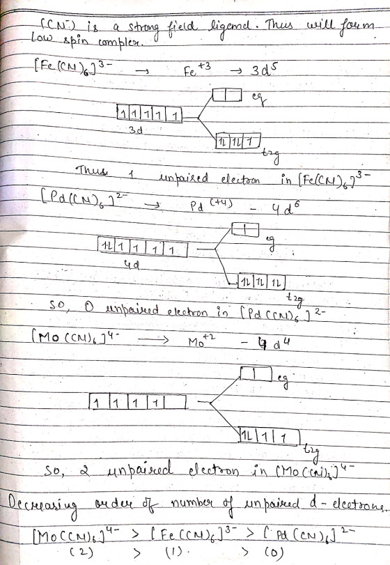 Fe +3 is a strong field ligemal. Theis will found low_skin compleet [Fe(CN)6235 3 d eg 11111111111 VT1707 tag Thuse unpaired