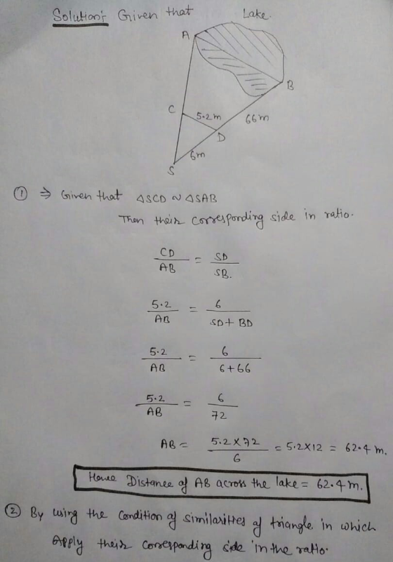 Solutions Given that Lake B 5.2 m 66 m & Giren that ASCD WASAB Then their corsesponding side in ratio. CD AB SD SB 6 5.2 AB