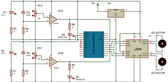 9V U3 RV2 U2:A 7805 VO 20 D1 IR TX 조 D3 IR Rx 9.00 GND + 10k 2 LM358 R6 1k R3 1k R4 10k DC MOTOR D6 DIODE-LED 18 U1 RAW GND R