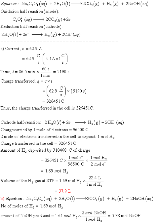 Equation: Na2C2O4 (aq) + 2H2O(1) >200,(8) + H2(g) + 2NaOH(aq) Oxidation half reaction (anode): C202 (aq) + 200,(8)+2e- Reduct