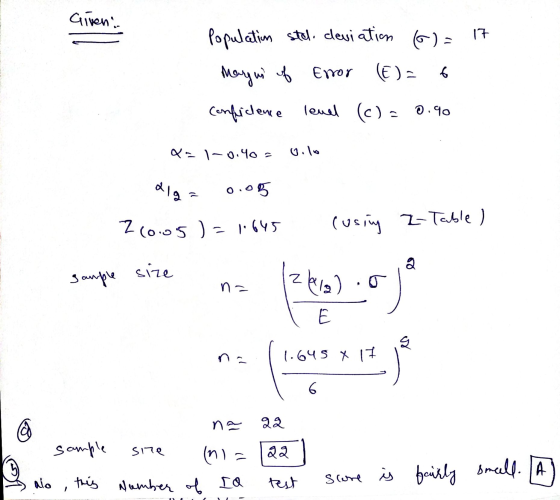 Given (6): 17 Population stol. deviation magni of Error (E)= a confidence level (c)= 0.90 de 1-0.40 volo alga 0.05 210.05 ) =