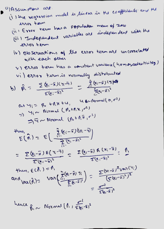 a)Assum phens art 0 )he pegriMion mudul inear in Ke coficlants and he mo tem ( Enor rerm has a Populatiun meun of zuo iIndepe