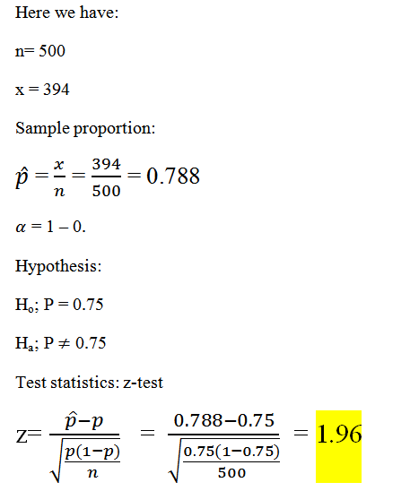 Here we have: n=500 x=394 Sample proportion: Ộ = 394 = 0.788 500 = n a = 1-0. Hypothesis: H: P=0.75 H: P = 0.75 Test statisti