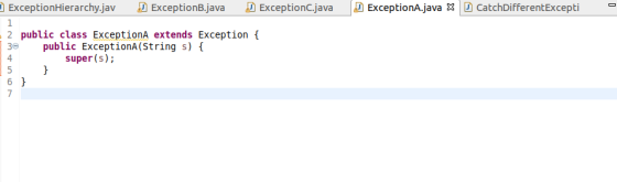 ExceptionHierarchy.jav D ExceptionB.java D ExceptionC.java ExceptionA.java X CatchDifferentExcepti 2 public class ExceptionA