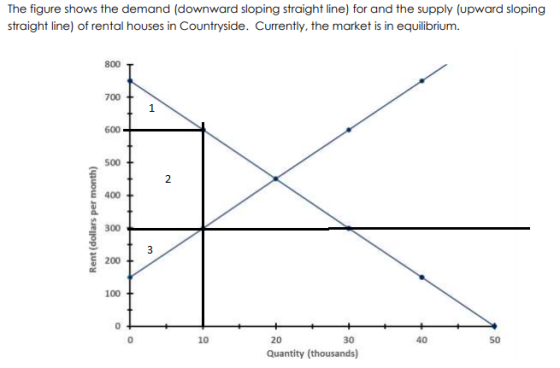 The figure shows the demand (downward sloping straight line) for and the supply (upward sloping straight line) of rental hous