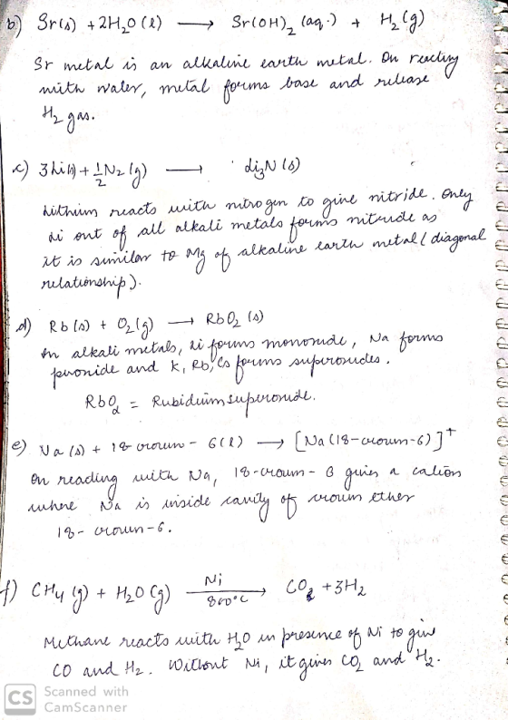 ) Src) +2H20 (1) — Srloh), caq.) + H2Cg) sr metal is an alkaline earth metal. On reacting mith water, metal forms base and re