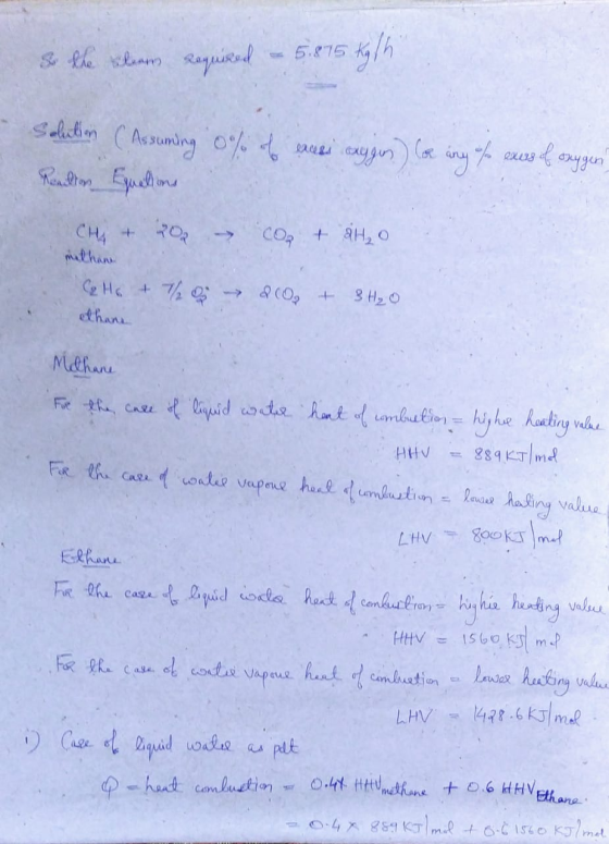 so the steam required 5.875 15 kg/h Solution (Assuming 0% of us cuygos) (being of Rendron Equellons exers of oxygen CHA + 202