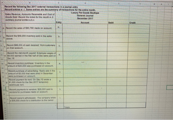 H Record the following Dec 2017 external transactions in a journal entry Record entries a-I. Some entries are the summary of