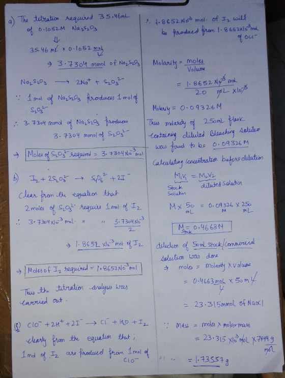 (a) The titration required 35.46mL of 0.1052m lags0₃ 1.1.8652x03 mol of I will be produed from 1.8652x10 and Я оu- 35. 46 mx