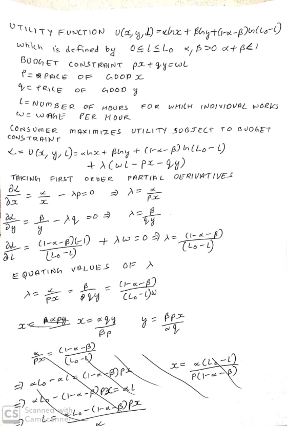 TILITY FUNCTION U(x, y, 2) = alox+ Blyt(1-x-8)(Lol) which is defined by Oslslo x, BSO at pel BOOGET CONSTRAINT PX + q y = WL