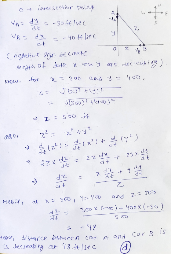 ZT o intersection poing VAD dy = -30 ft/sec VB = d = -40 ft Isec 9 dot С педајve siyo be с аме охуев - length of both x and y