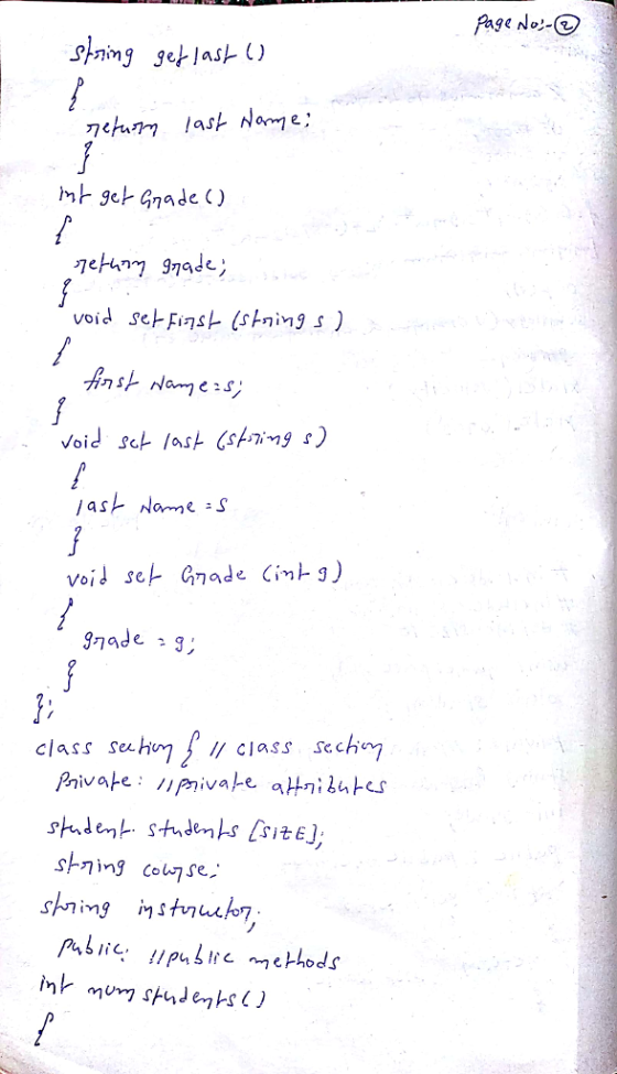 Page No String getlas () m ge Gnade ) void SeHFis (sning s) void set Grade Cing) class sehm class sech