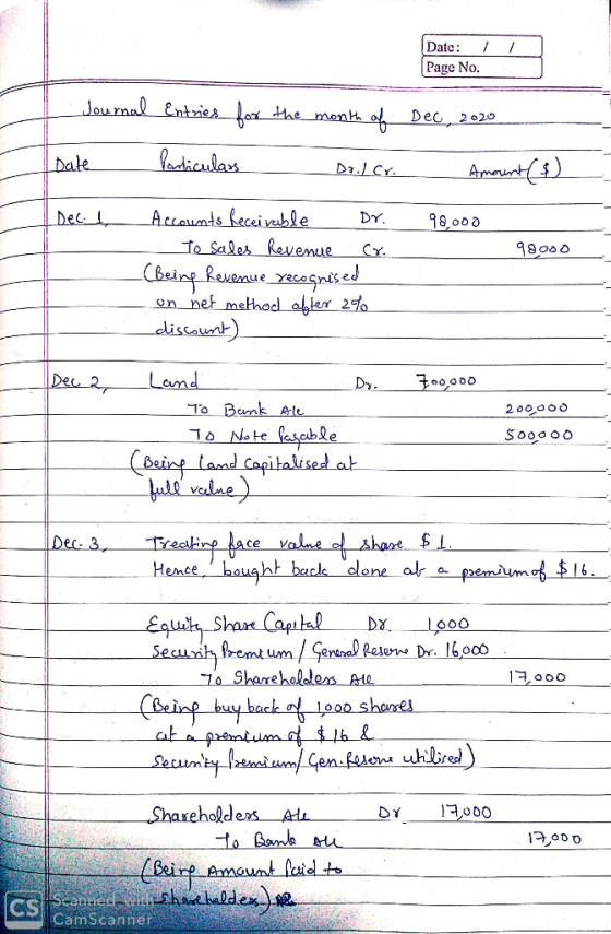 / Date: / Page No. Journal Entries for the month of Date Particulars Dr. lcr. I Decl Accounts Receivable Dr. To sales Revenue