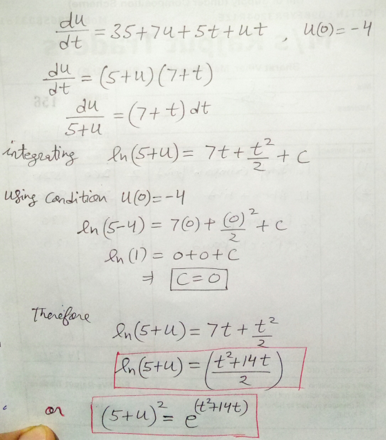 35+74+5ttut, U(o)=-4 du dt at du = (5+1) (747) acl au = (7+t) dt 5tu integrating en (5+4)= 7++ t² + c 2 2 te using Condition