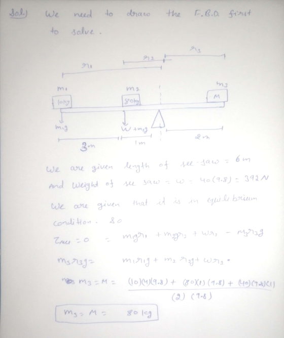 Sol) draw the F.B... first We to need to solve . ms ma gokg w tmag at m 3m We are given length of see-saw om and weight of se