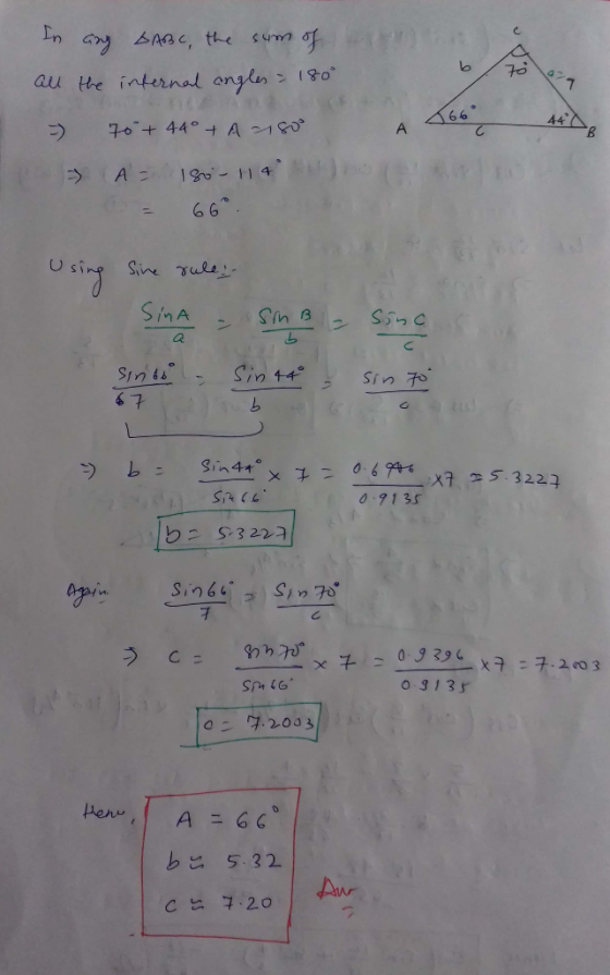 In an ムARC, the au the internal angln 042 A2 7 .99ン 44 70+ 44° A-180 A A 1g 1 4 66 Sine Fule SiMA Sin +4 Sin 7o & 7 O-6 946 5