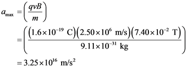 qvB
amax
m
((1.6x10-1° C)(2.50x10^ m/s)(7.40x10^2 T)).
9.11x10-” kg
= 3.25 x 106 m/s?