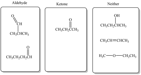 Aldehyde
Ketone
Neither
Он
CH
CH3CH2CHCH
CH3CH ÖCHZ
CH3CHCH
CH2CH=CHCHZ
CH2CH2CH.CH
H:C—0-CH2CH3