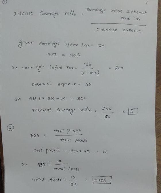 Interest Coverage Coverage ratio - ratio earrings before Interest and Tax Interest expense given Earnings after tax= 120 Torx