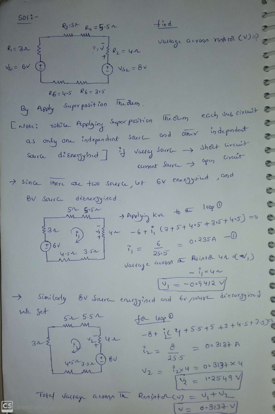 Solo - find R = 50 Ry 25.50 MM Voltage across yopis tor CV)? R = 32 } R₂ = 42 + Vs = 6V I VS2 = 8v un un R.5=4.5 R6=305 e By