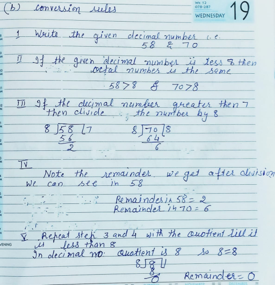 (6) conversion rules WK 12 078-287 19 WEDNESDAY 1 8 Write M the given decimal number ce 58 € 70 9 w 10 II of the given decima