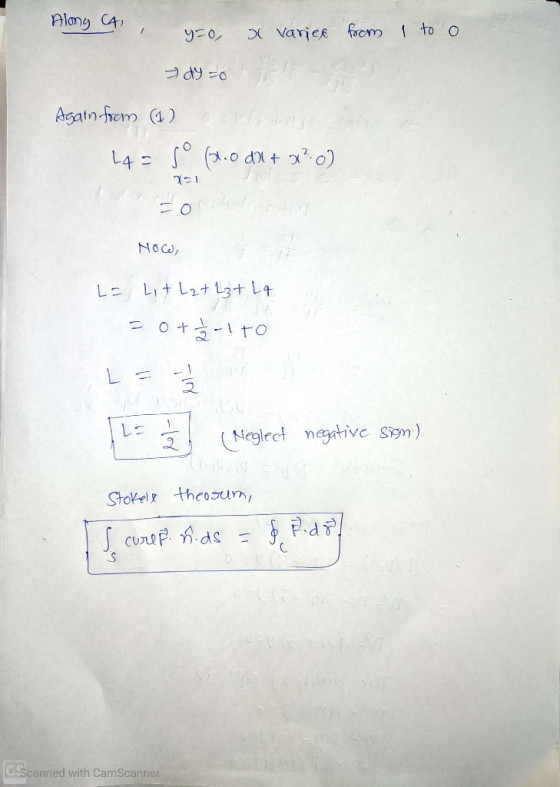 Along (4) y=0, x varies from I to o - dy=0 Again from (1) L4 = 1 (2.0 dl + a?o) 11 Noce) L = Lit La + 2z+ Lq = 0+1 2 3 -170 L