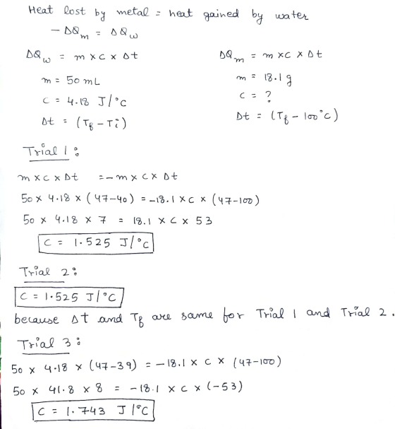 Heat lost by metal metal = heat gained by water - DOm = saw Dom m X c x ot Гm xс x Дt 3 m m = 50 mL 18.1g C = 2 C: 4.18 Jlºc